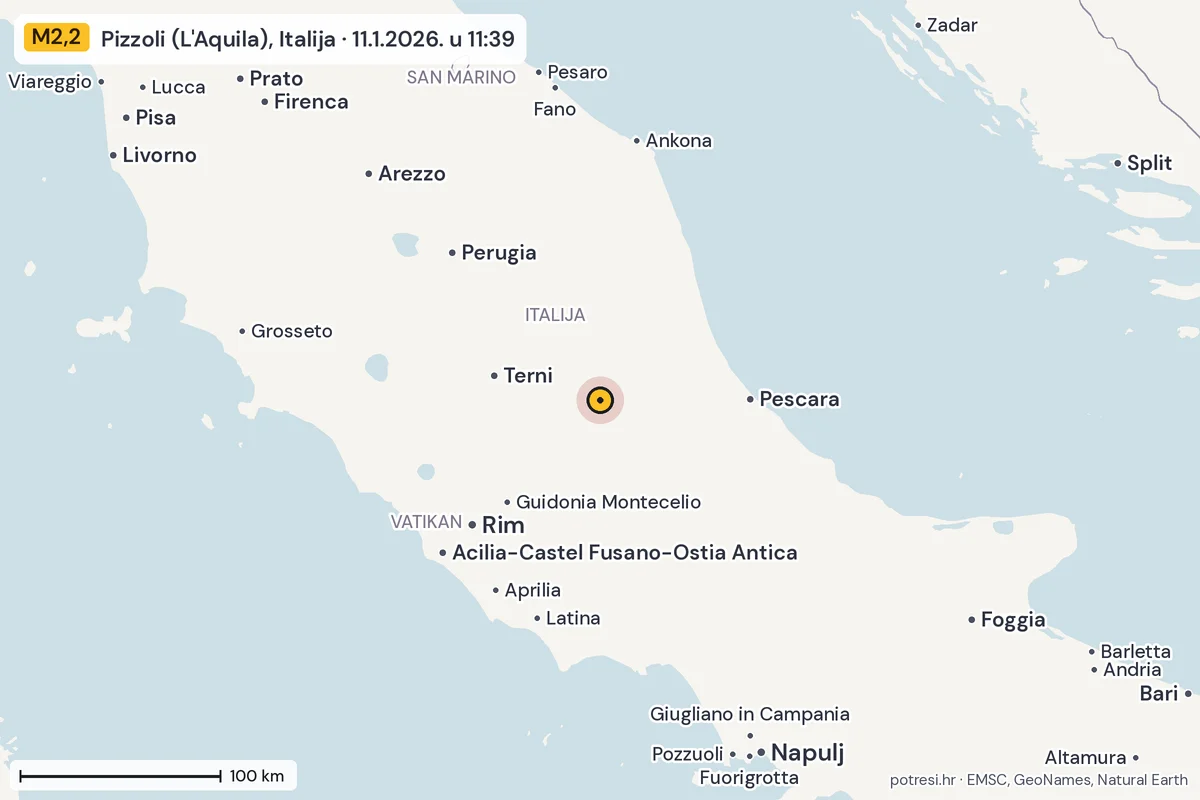 Karta: šire područje, 600 km, potres M2,2, Pizzoli (L'Aquila), Italija, 11.1.2026.