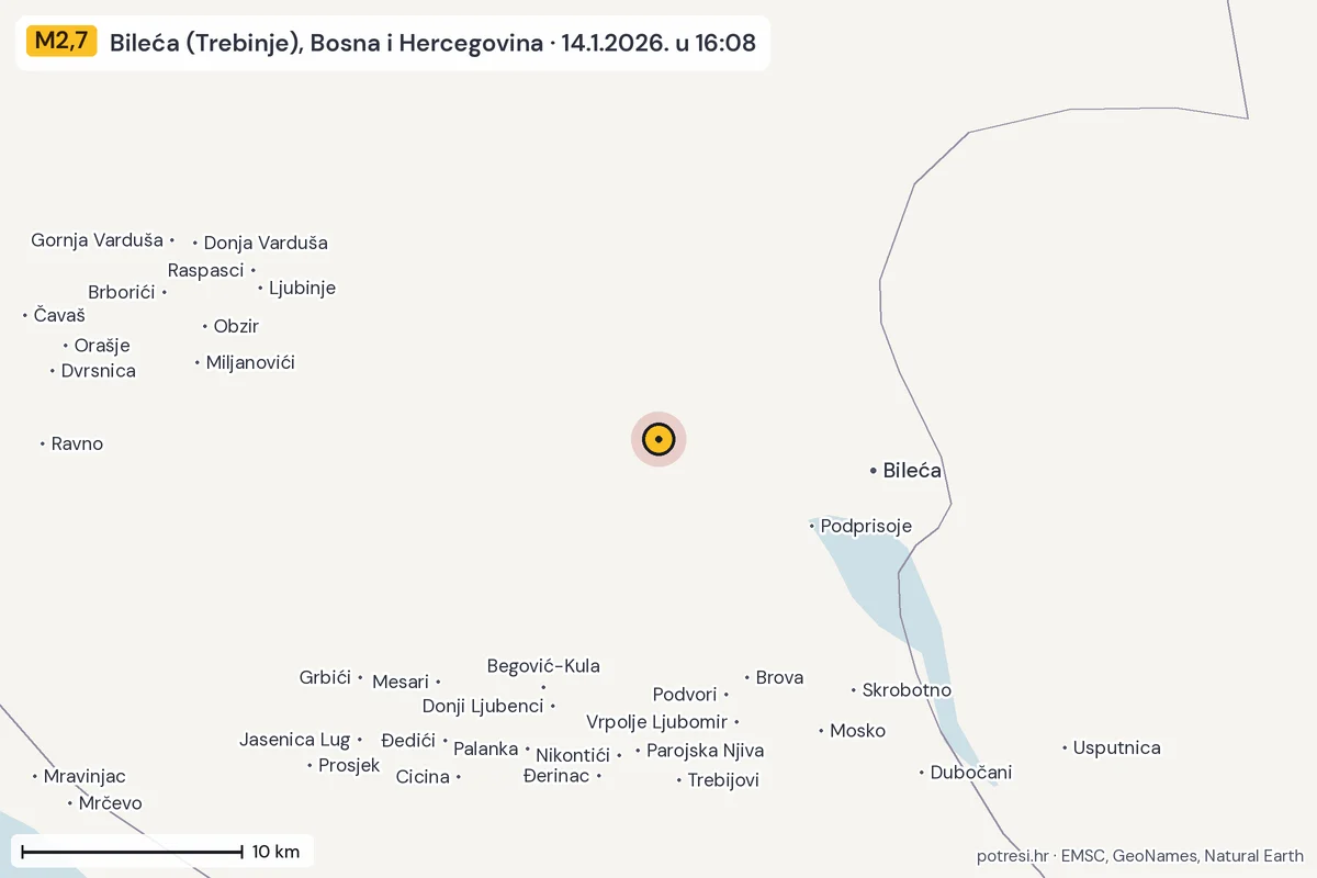 Karta: okolica epicentra, 60 km, potres M2,7, Bileća (Trebinje), Bosna i Hercegovina, 14.1.2026.