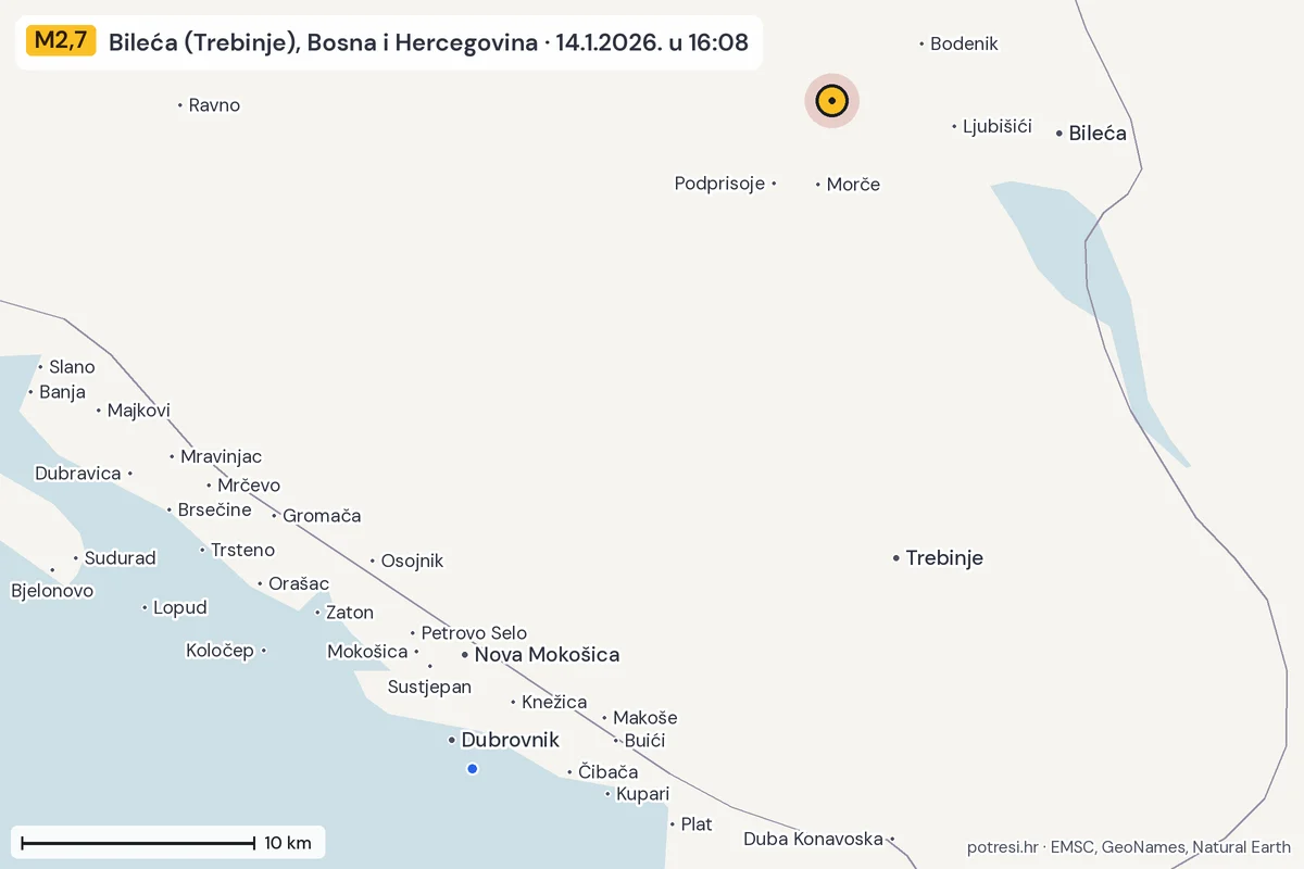 Karta: izvješća građana, potres M2,7, Bileća (Trebinje), Bosna i Hercegovina, 14.1.2026.