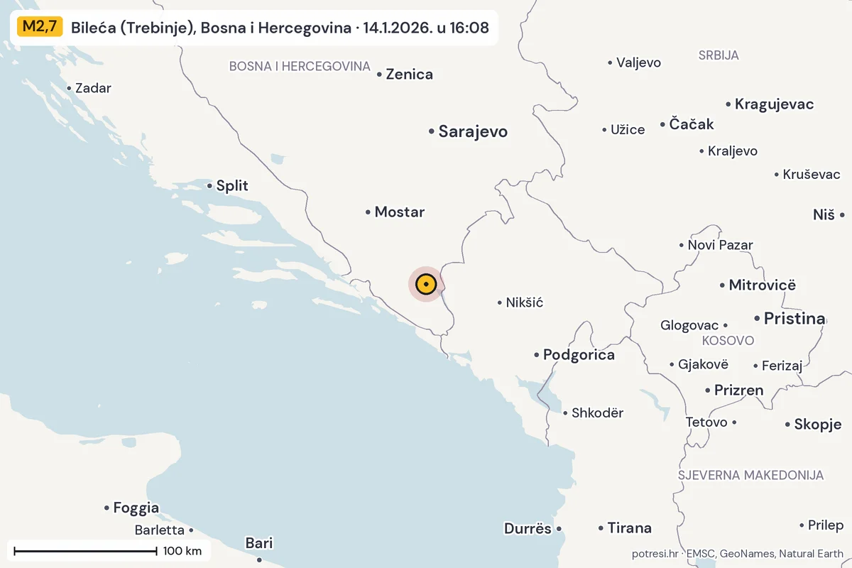 Karta: šire područje, 600 km, potres M2,7, Bileća (Trebinje), Bosna i Hercegovina, 14.1.2026.