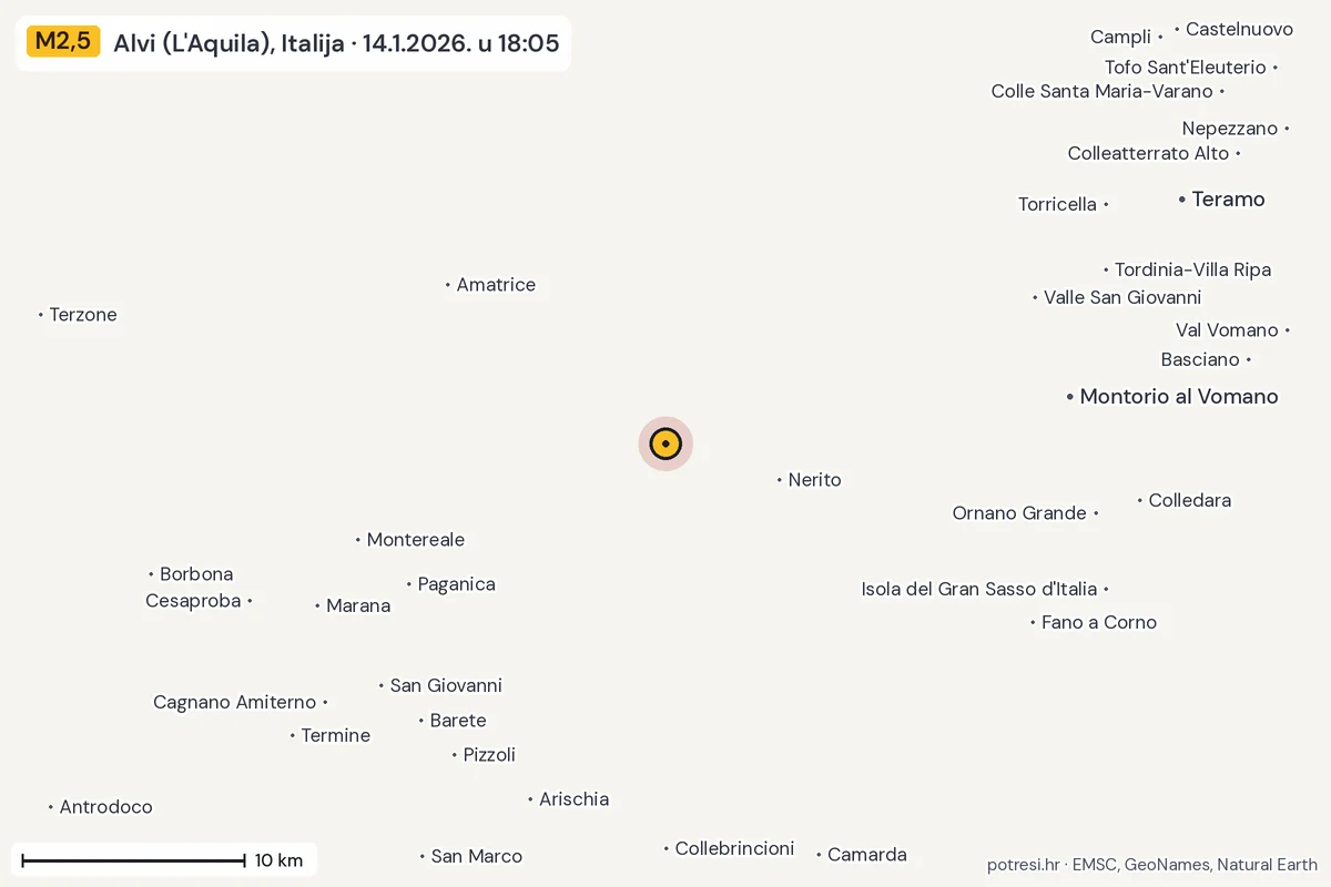 Karta: okolica epicentra, 60 km, potres M2,5, Alvi (L'Aquila), Italija, 14.1.2026.