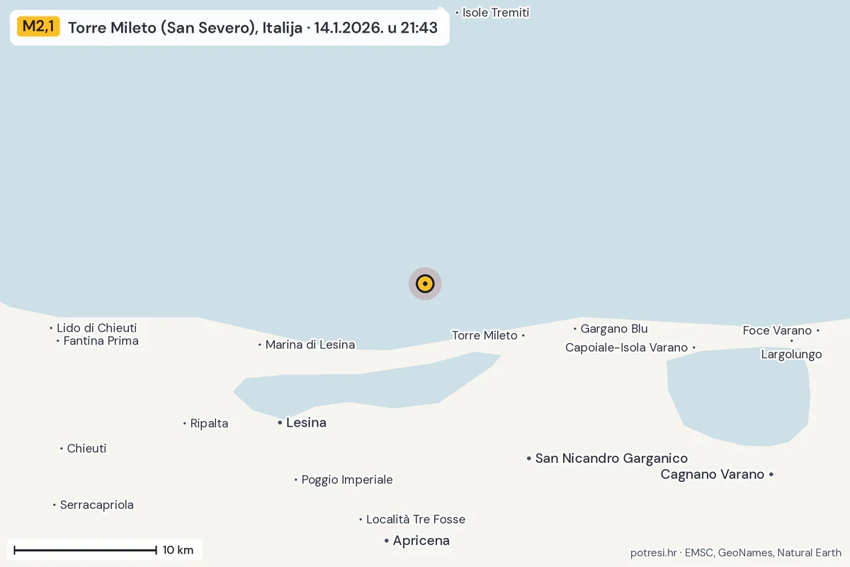 Karta: okolica epicentra, 60 km, potres M2,1, Torre Mileto (San Severo), Italija, 14.1.2026.