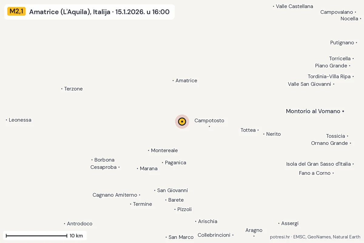 Karta: okolica epicentra, 60 km, potres M2,1, Amatrice (L'Aquila), Italija, 15.1.2026.