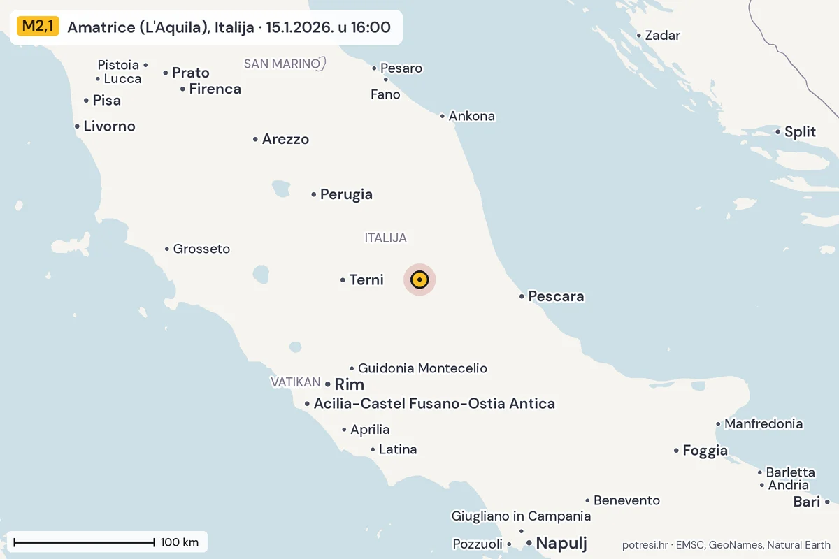 Karta: šire područje, 600 km, potres M2,1, Amatrice (L'Aquila), Italija, 15.1.2026.