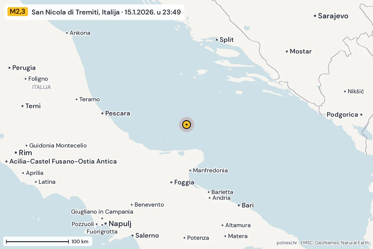 Karta: šire područje, 600 km, potres M2,3, San Nicola di Tremiti, Italija, 15.1.2026.