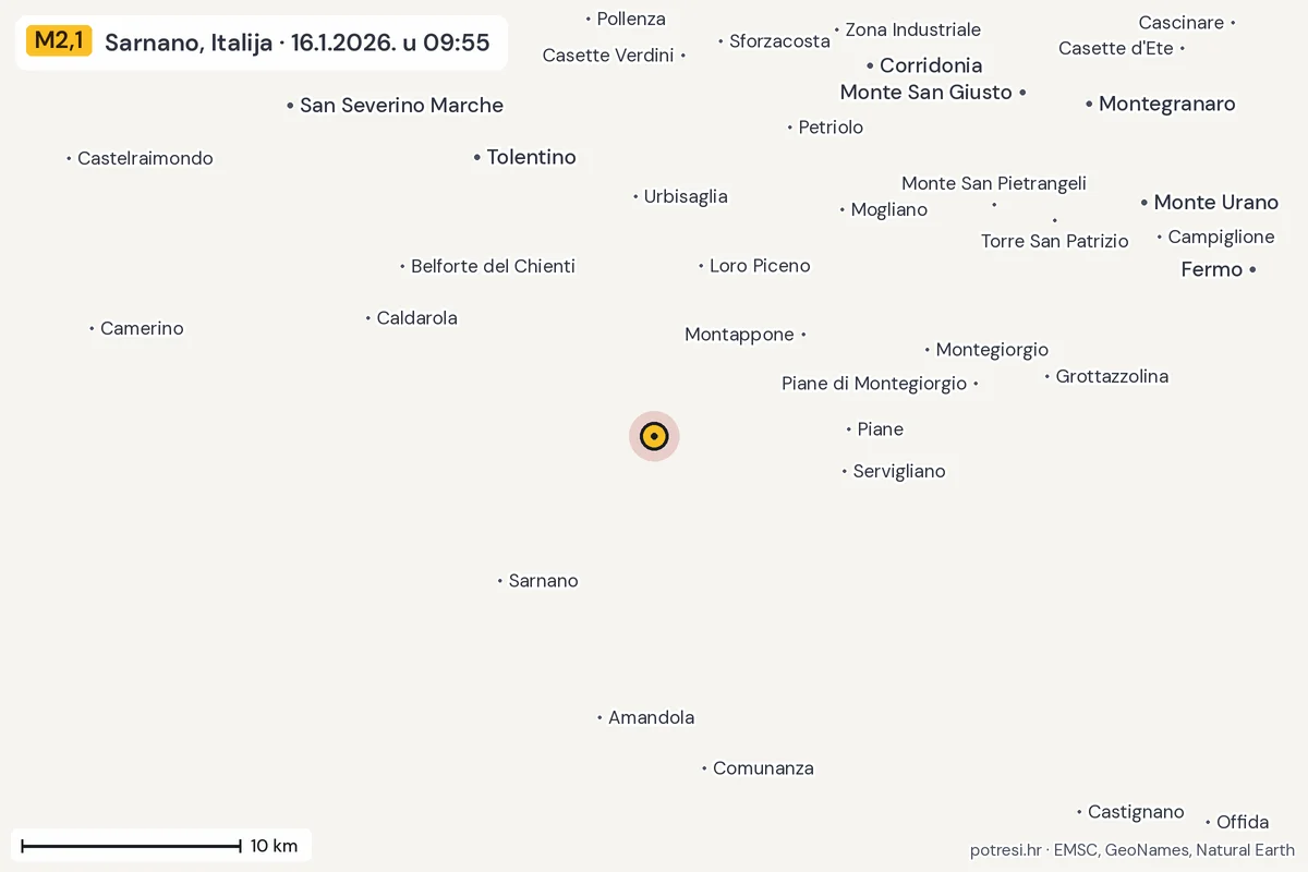 Karta: okolica epicentra, 60 km, potres M2,1, Sarnano, Italija, 16.1.2026.