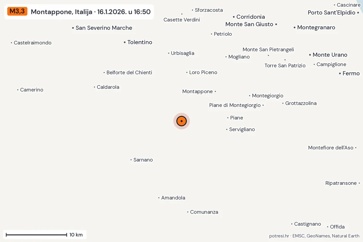 Karta: okolica epicentra, 60 km, potres M3,3, Montappone, Italija, 16.1.2026.