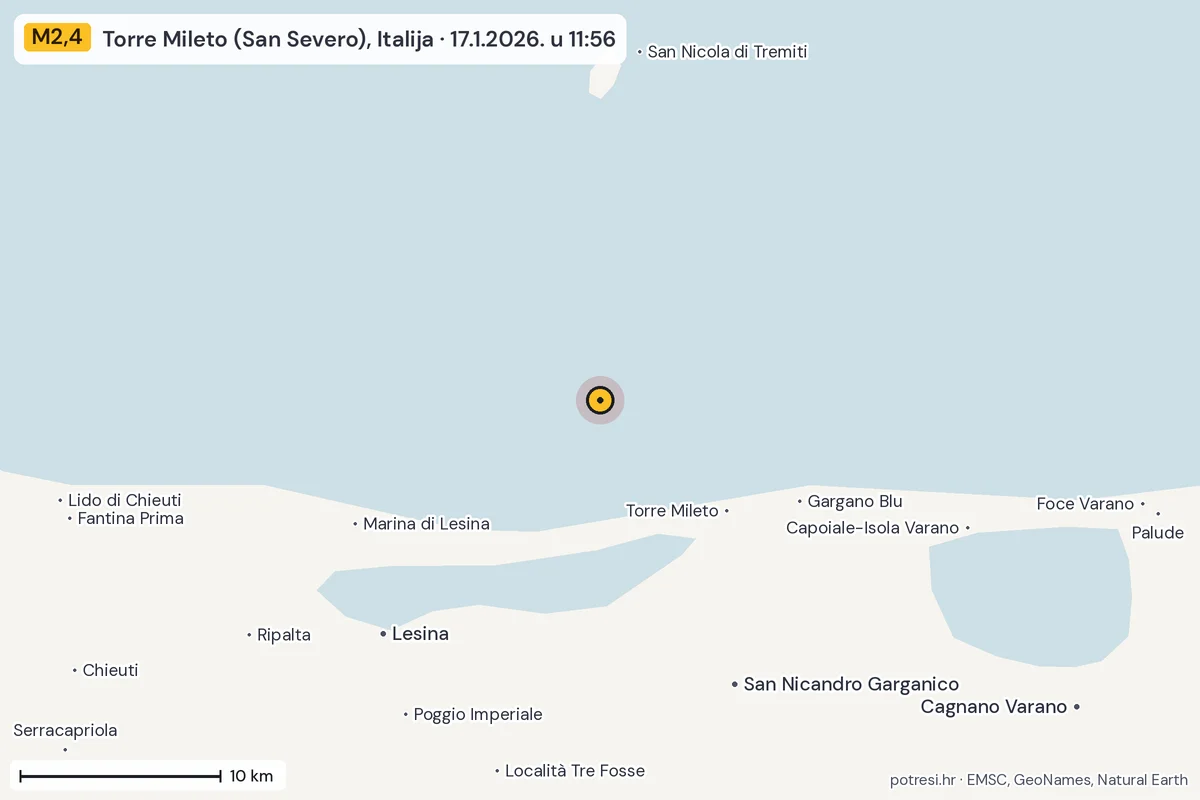Karta: okolica epicentra, 60 km, potres M2,4, Torre Mileto (San Severo), Italija, 17.1.2026.