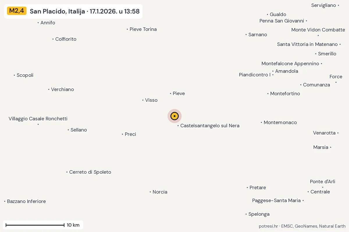 Karta: okolica epicentra, 60 km, potres M2,4, San Placido, Italija, 17.1.2026.