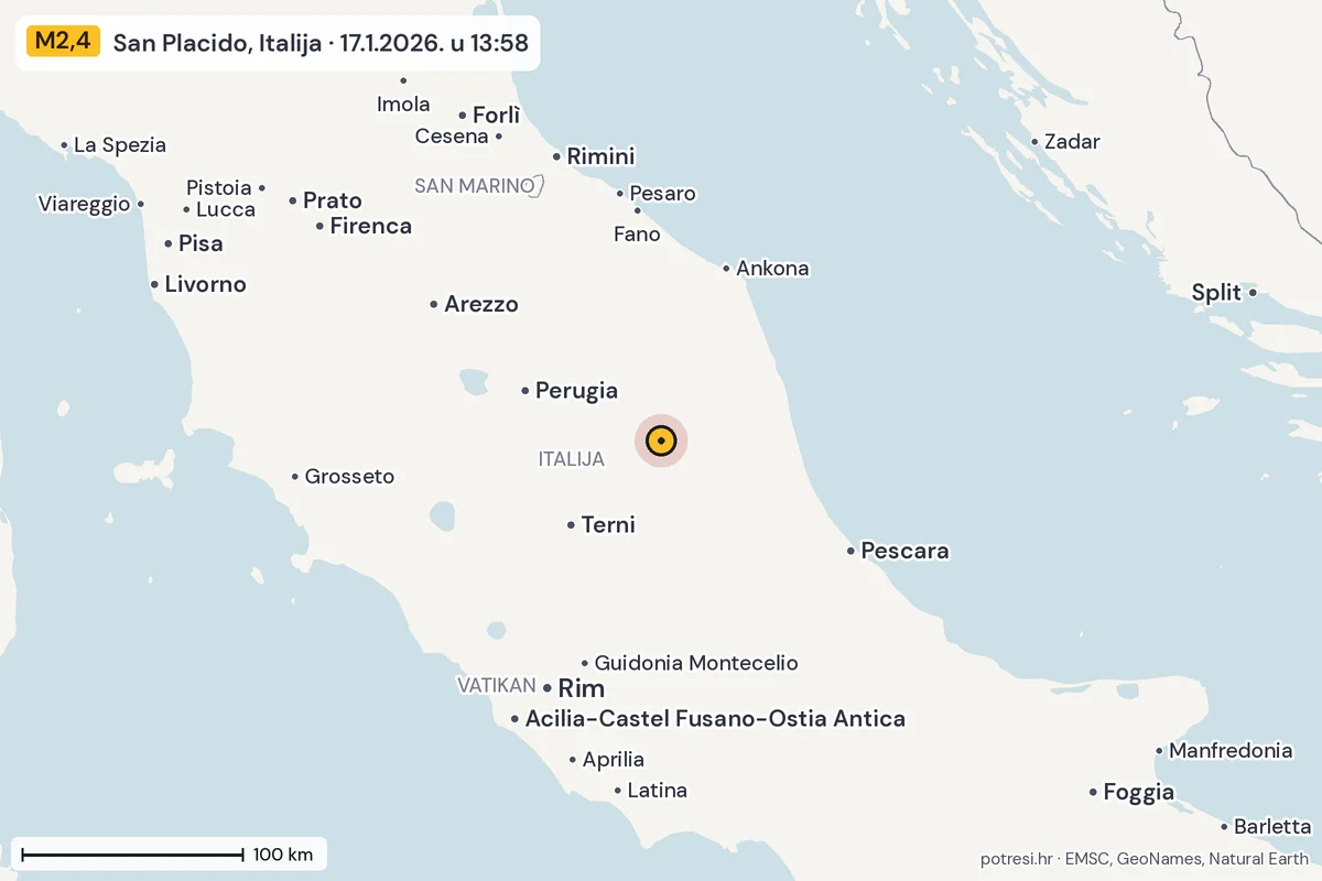 Karta: šire područje, 600 km, potres M2,4, San Placido, Italija, 17.1.2026.