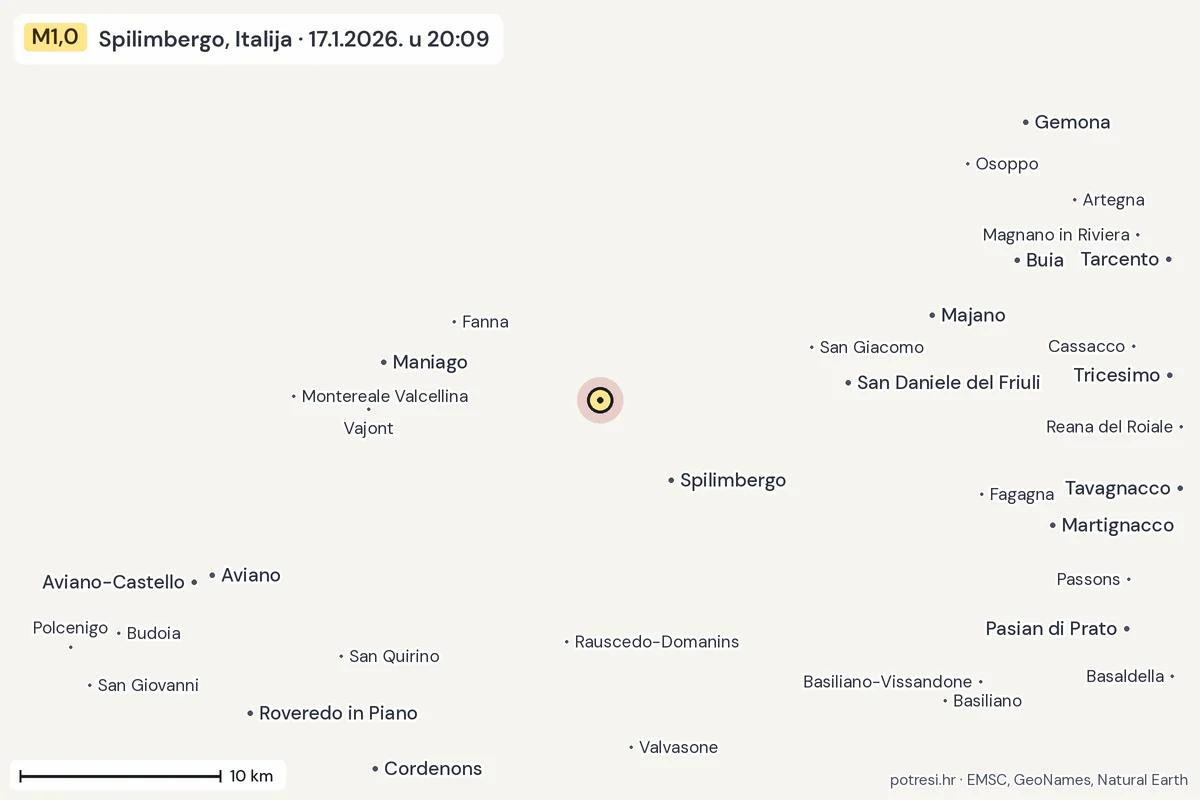 Karta: okolica epicentra, 60 km, potres M1,0, Spilimbergo, Italija, 17.1.2026.