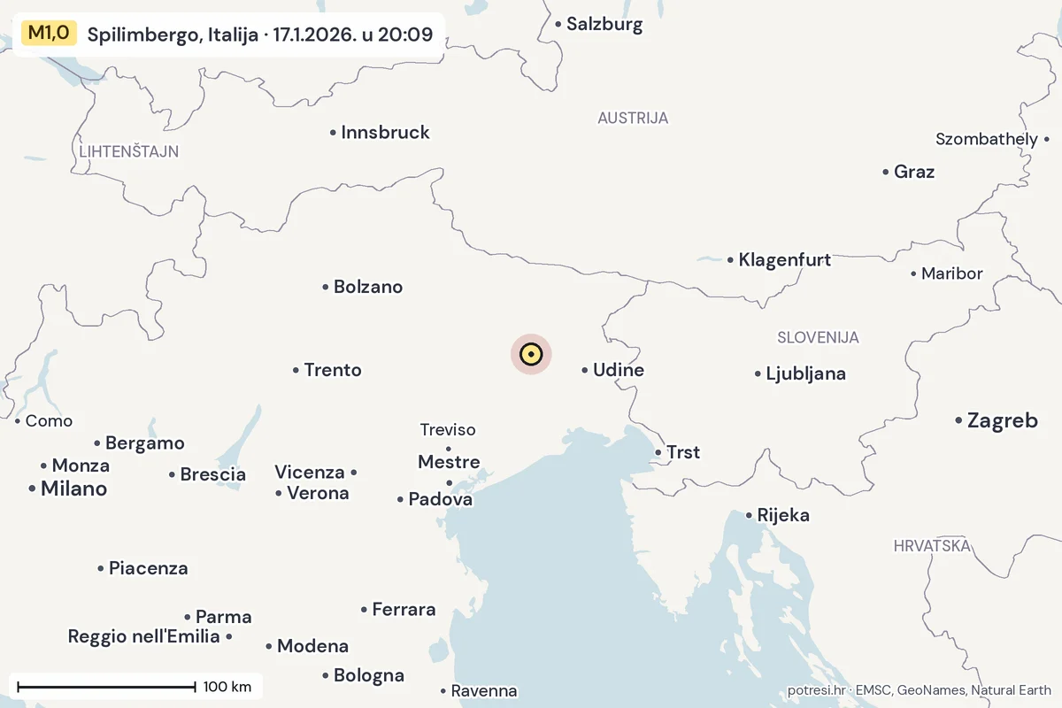 Karta: šire područje, 600 km, potres M1,0, Spilimbergo, Italija, 17.1.2026.