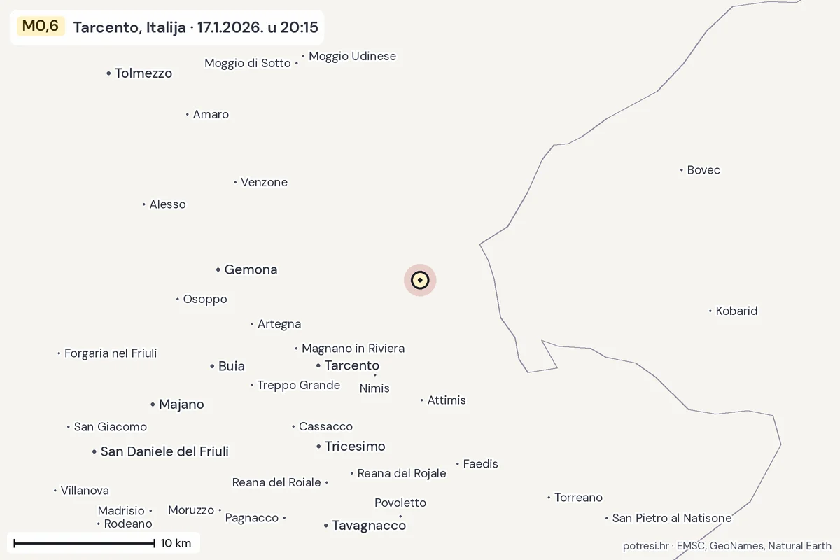 Karta: okolica epicentra, 60 km, potres M0,6, Tarcento, Italija, 17.1.2026.