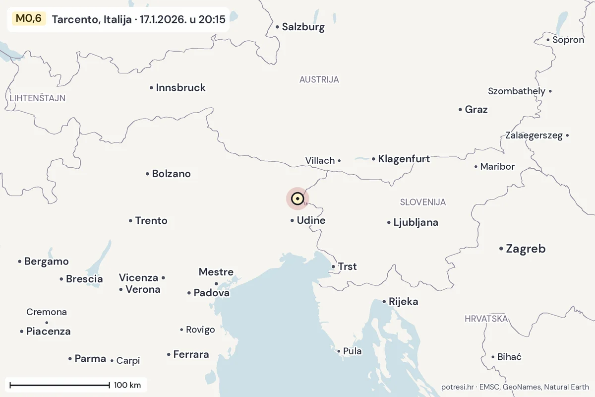 Karta: šire područje, 600 km, potres M0,6, Tarcento, Italija, 17.1.2026.