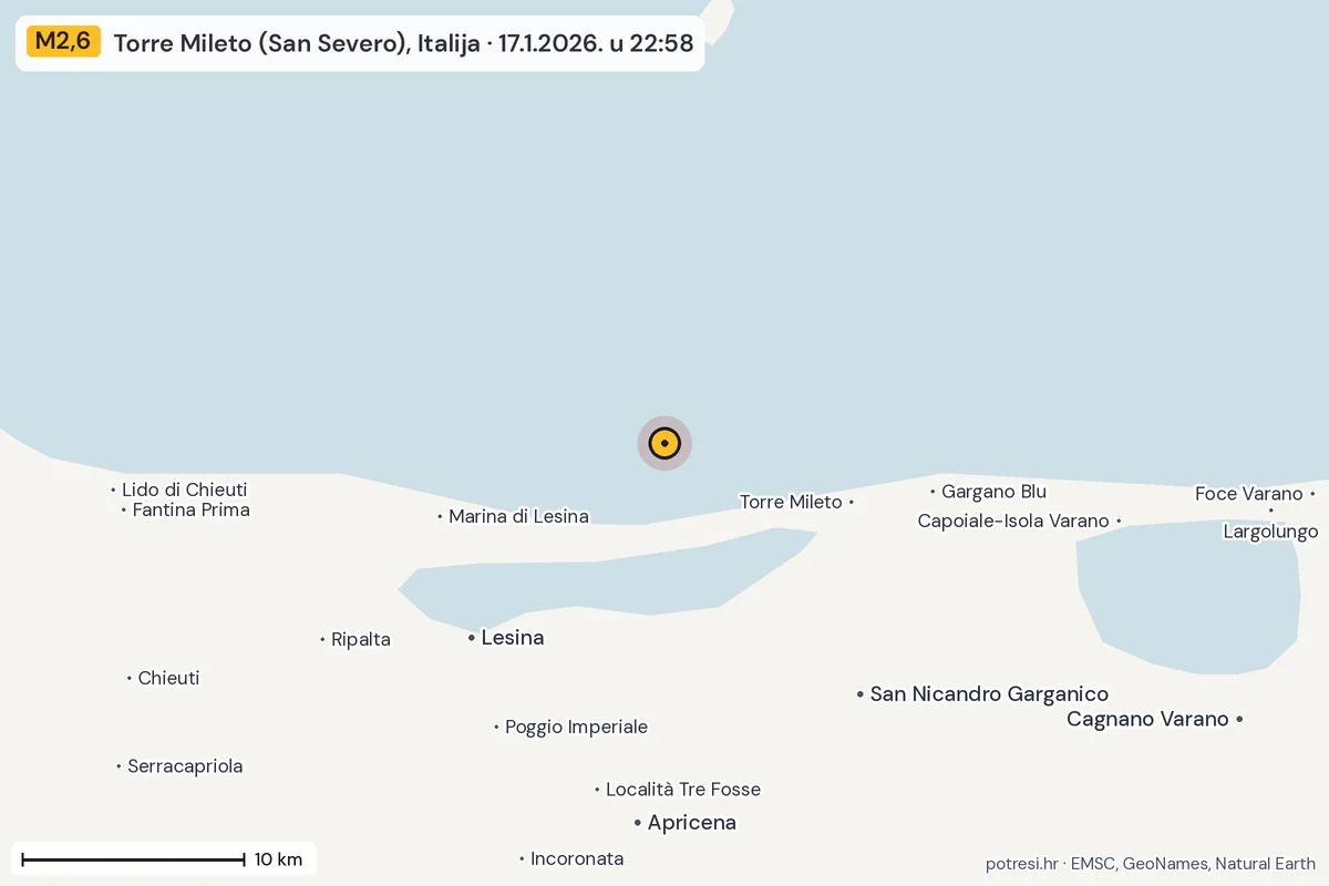 Karta: okolica epicentra, 60 km, potres M2,6, Torre Mileto (San Severo), Italija, 17.1.2026.