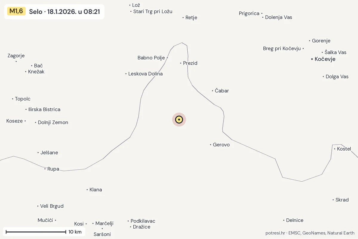 Karta: okolica epicentra, 60 km, potres M1,6, Selo, 18.1.2026.