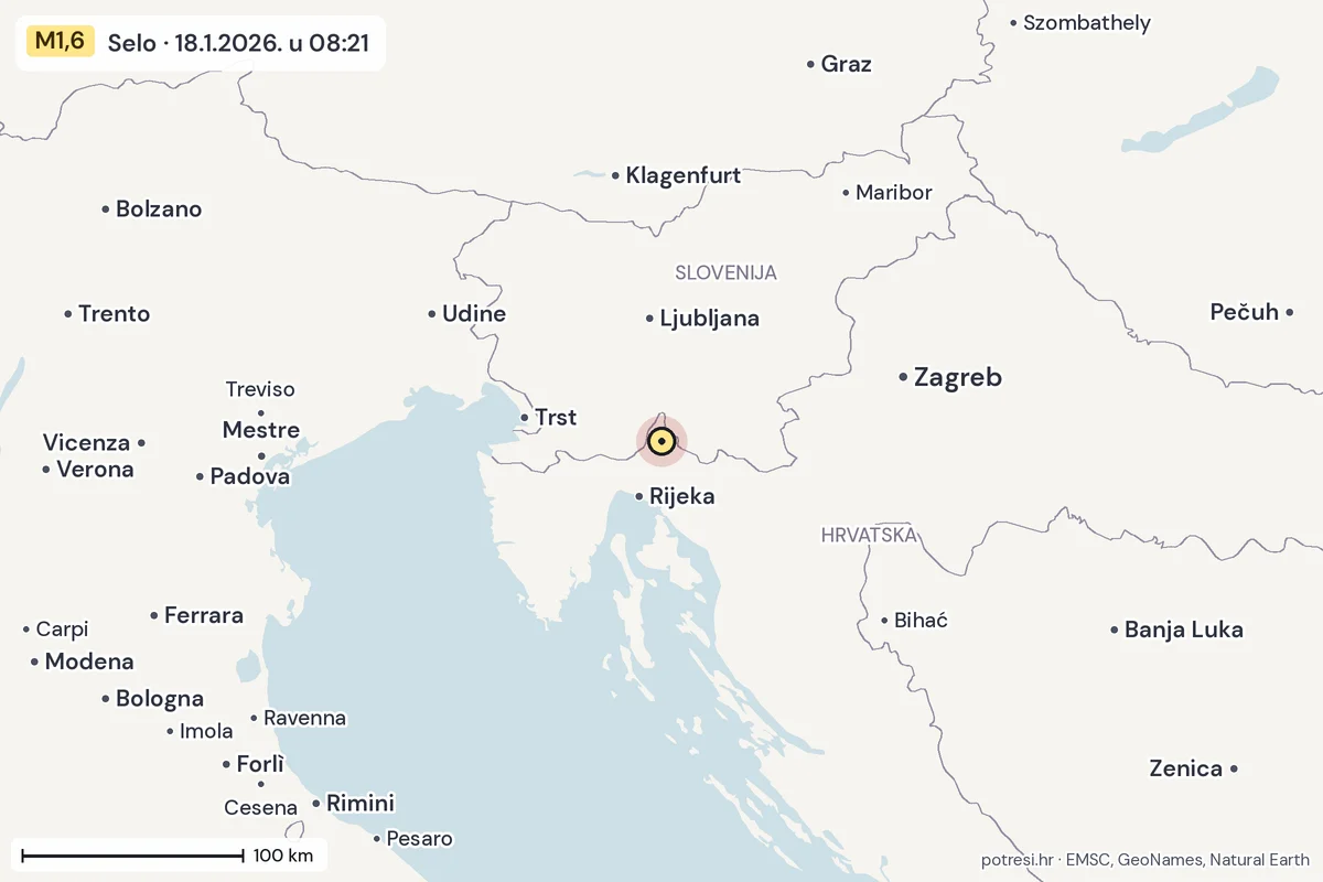 Karta: šire područje, 600 km, potres M1,6, Selo, 18.1.2026.