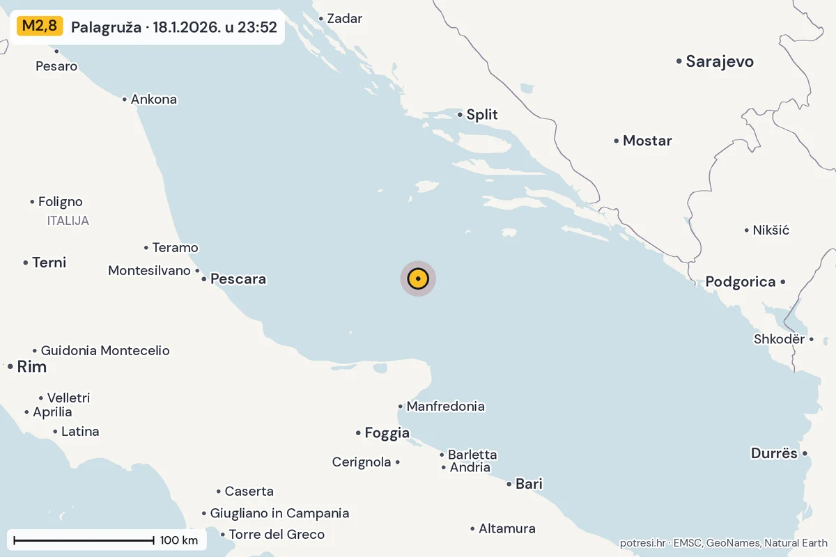 Karta: šire područje, 600 km, potres M2,8, Palagruža, 18.1.2026.