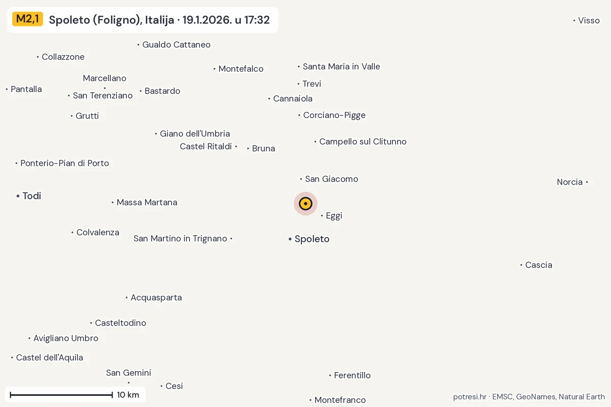 Karta: okolica epicentra, 60 km, potres M2,1, Spoleto (Foligno), Italija, 19.1.2026.