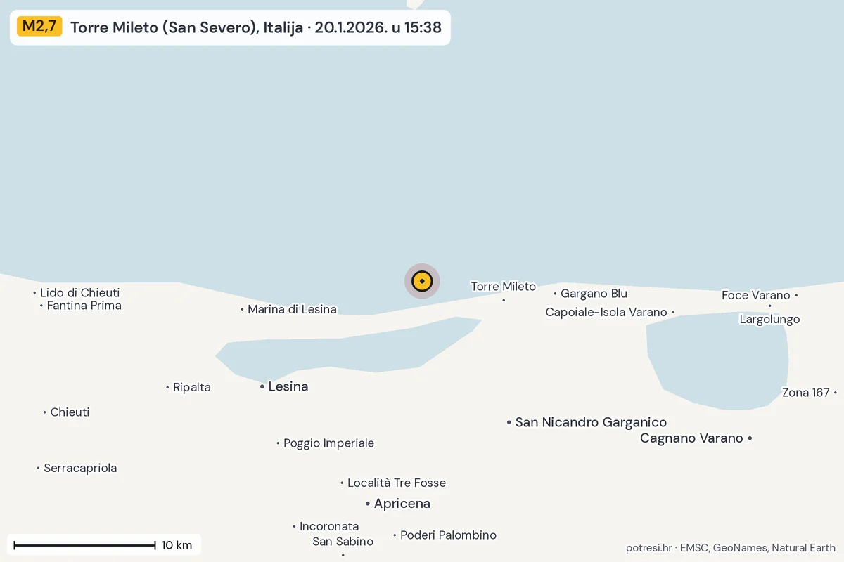 Karta: okolica epicentra, 60 km, potres M2,7, Torre Mileto (San Severo), Italija, 20.1.2026.