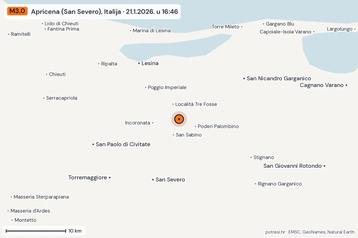 Karta: okolica epicentra, 60 km, potres M3,0, Apricena (San Severo), Italija, 21.1.2026.