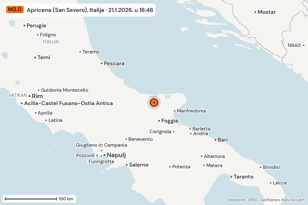 Karta: šire područje, 600 km, potres M3,0, Apricena (San Severo), Italija, 21.1.2026.
