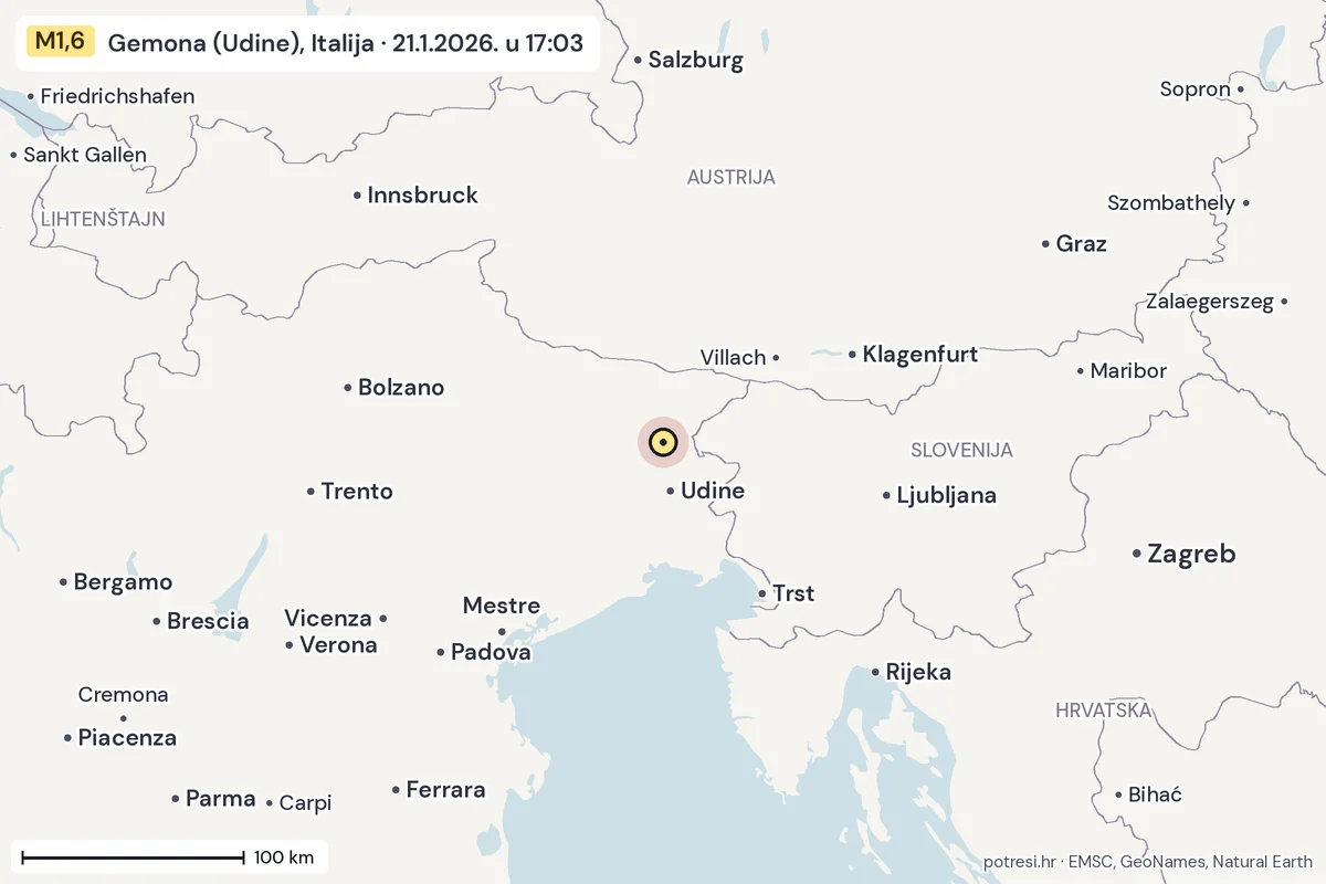 Karta: šire područje, 600 km, potres M1,6, Gemona (Udine), Italija, 21.1.2026.