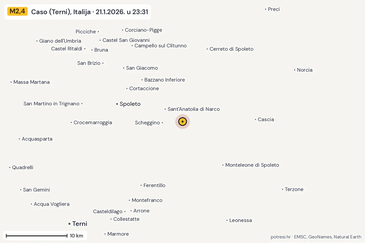 Karta: okolica epicentra, 60 km, potres M2,4, Caso (Terni), Italija, 21.1.2026.
