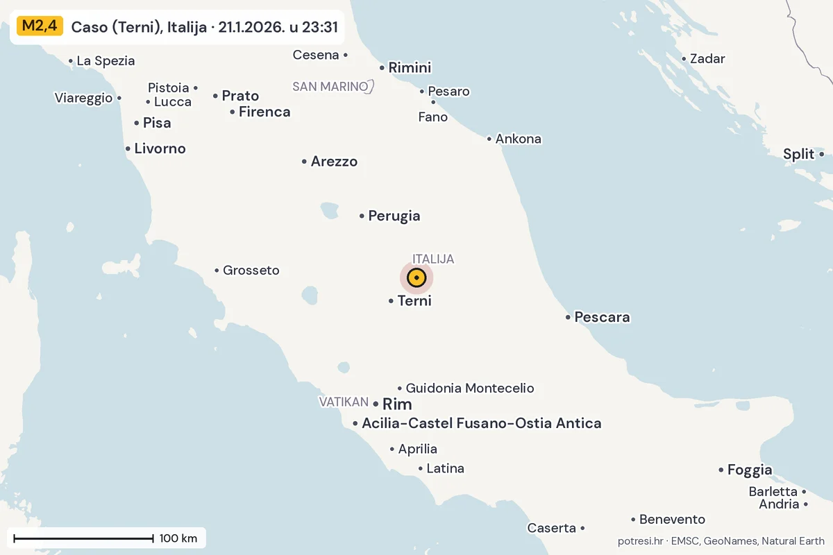 Karta: šire područje, 600 km, potres M2,4, Caso (Terni), Italija, 21.1.2026.