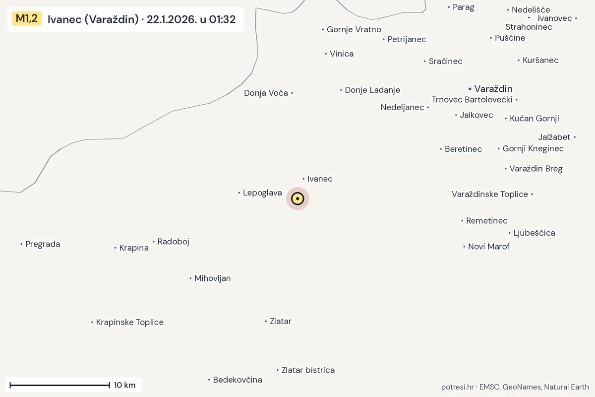 Karta: okolica epicentra, 60 km, potres M1,2, Ivanec (Varaždin), 22.1.2026.