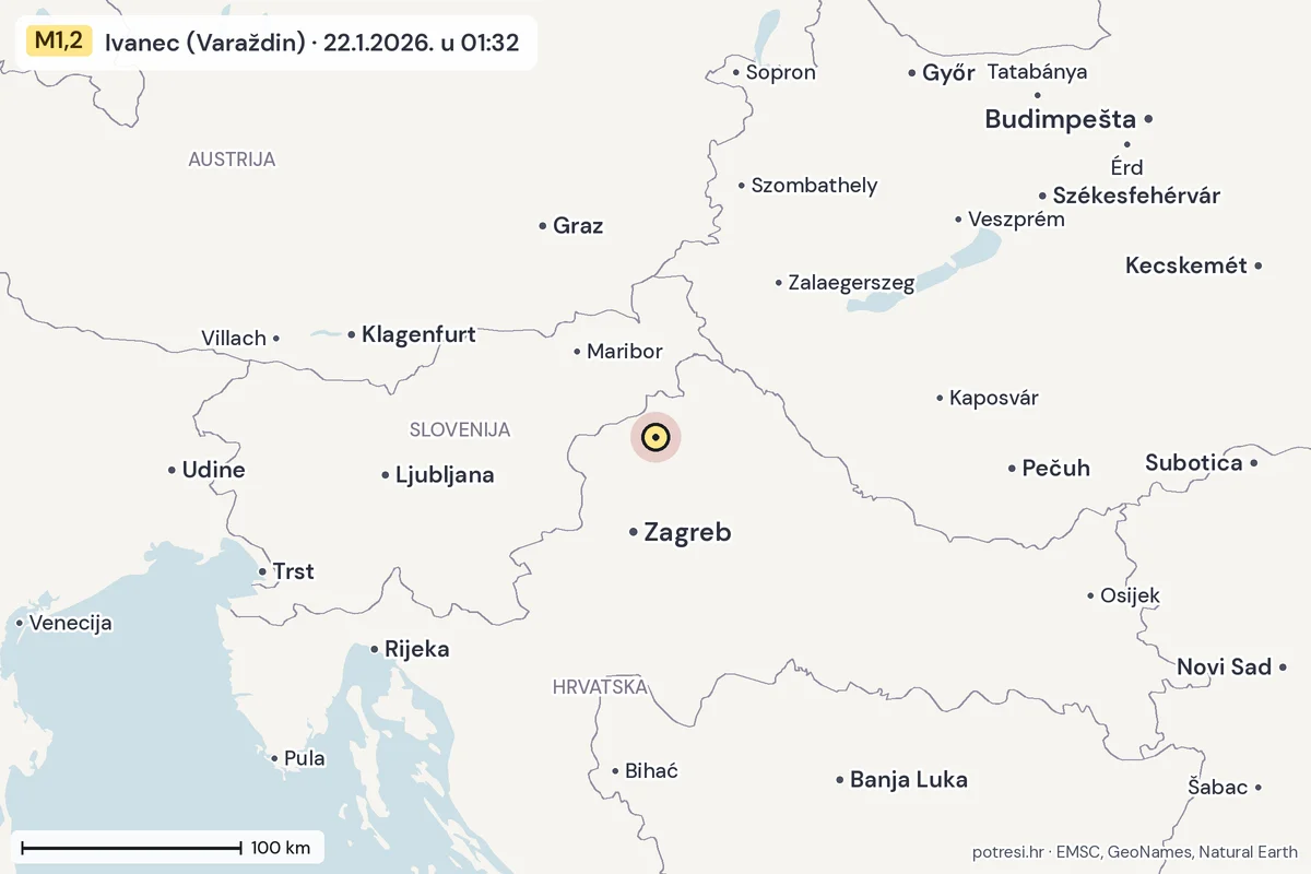 Karta: šire područje, 600 km, potres M1,2, Ivanec (Varaždin), 22.1.2026.