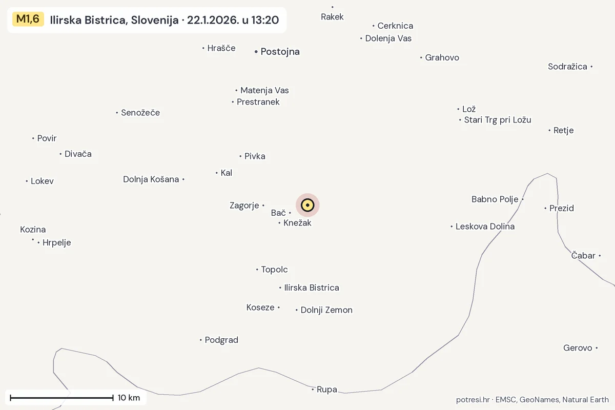 Karta: okolica epicentra, 60 km, potres M1,6, Ilirska Bistrica, Slovenija, 22.1.2026.