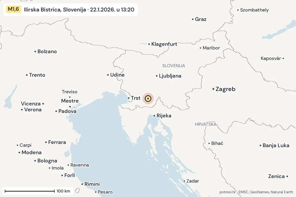 Karta: šire područje, 600 km, potres M1,6, Ilirska Bistrica, Slovenija, 22.1.2026.