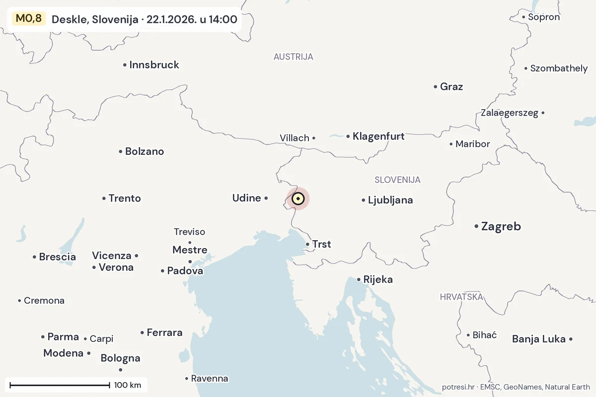 Karta: šire područje, 600 km, potres M0,8, Deskle, Slovenija, 22.1.2026.