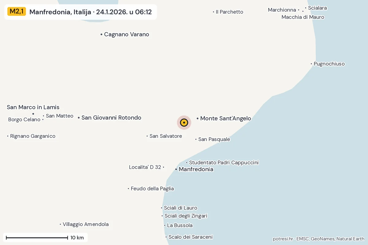 Karta: okolica epicentra, 60 km, potres M2,1, Manfredonia, Italija, 24.1.2026.