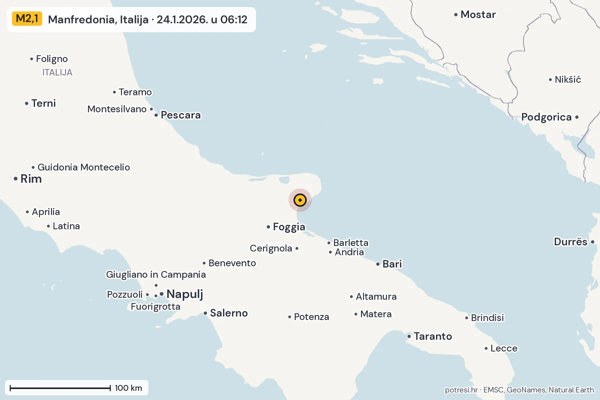 Karta: šire područje, 600 km, potres M2,1, Manfredonia, Italija, 24.1.2026.