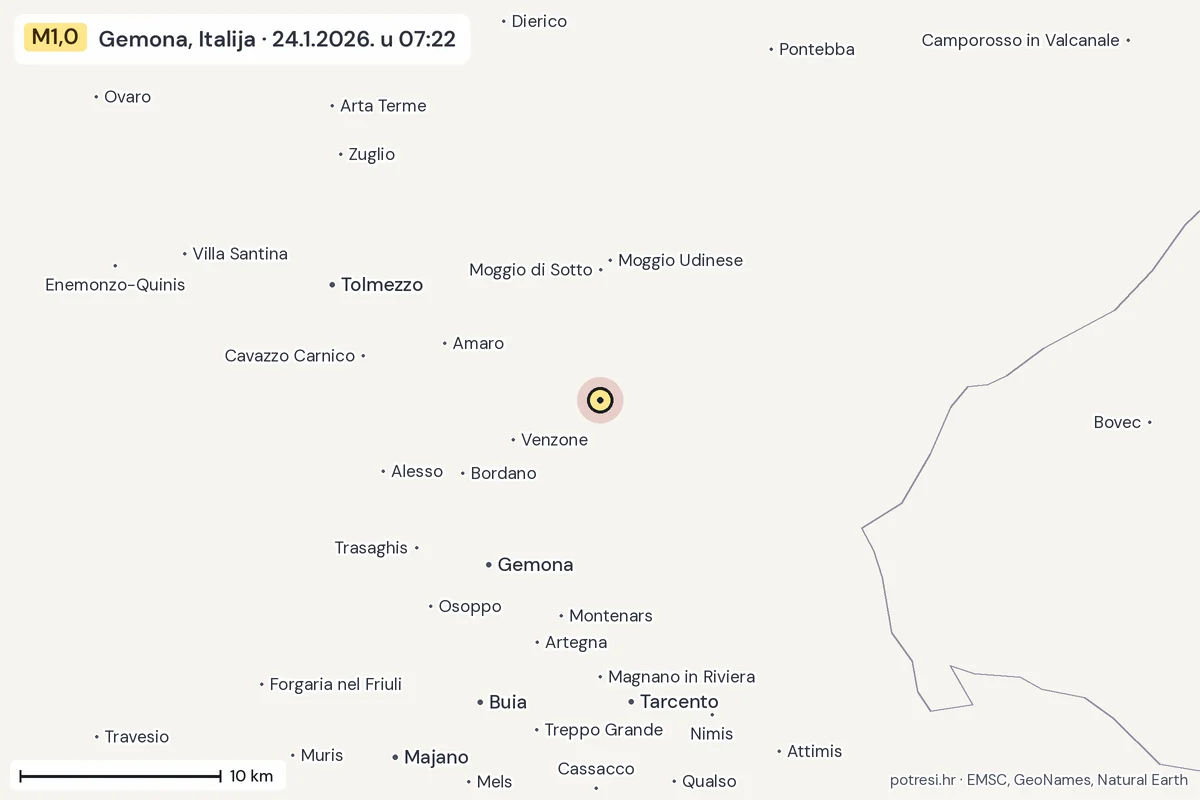 Karta: okolica epicentra, 60 km, potres M1,0, Gemona, Italija, 24.1.2026.