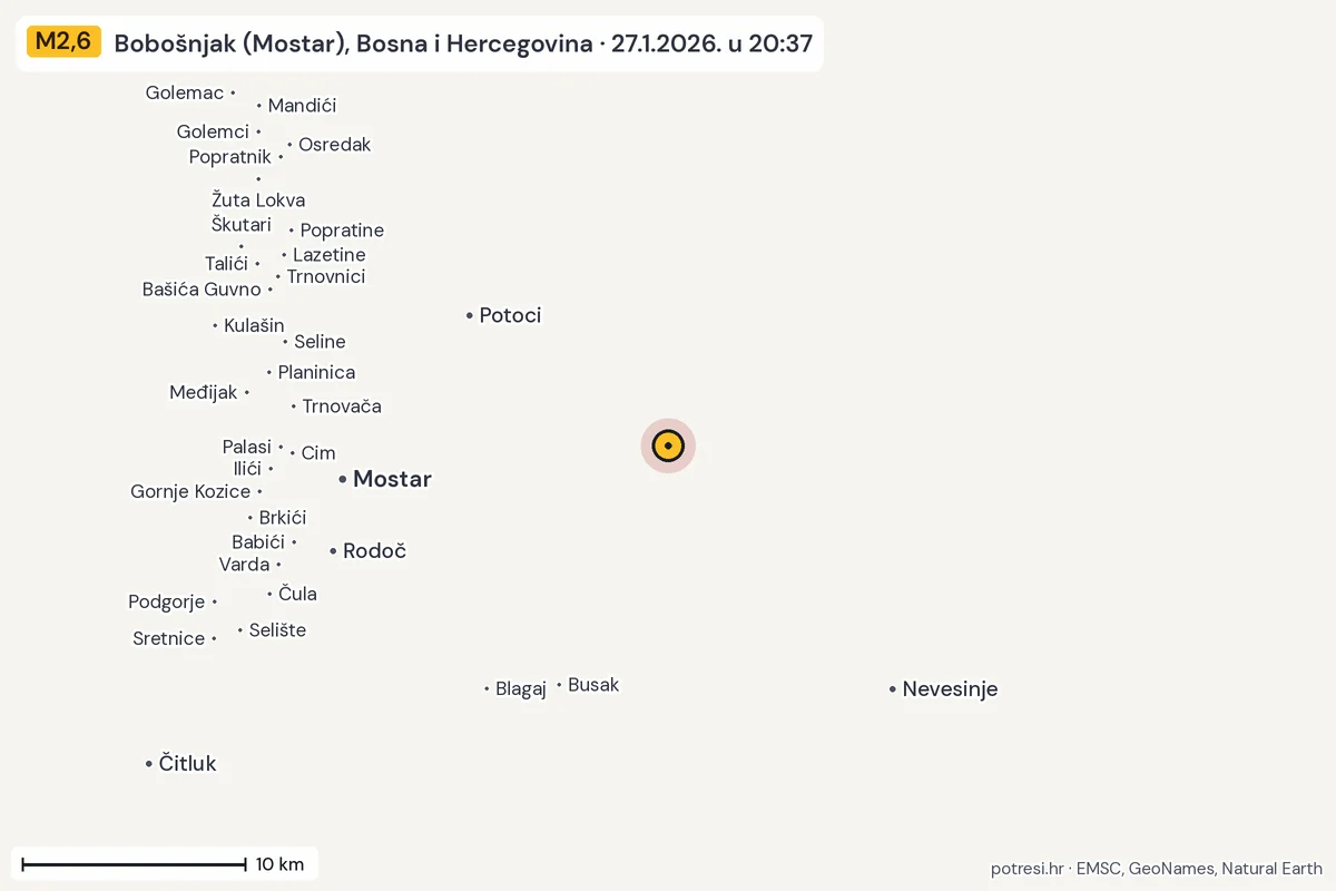 Karta: okolica epicentra, 60 km, potres M2,6, Bobošnjak (Mostar), Bosna i Hercegovina, 27.1.2026.