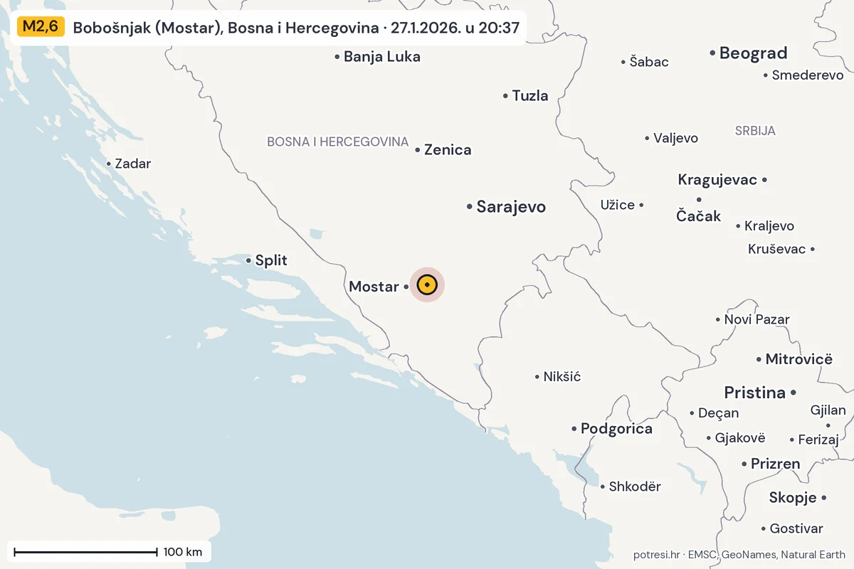 Karta: šire područje, 600 km, potres M2,6, Bobošnjak (Mostar), Bosna i Hercegovina, 27.1.2026.