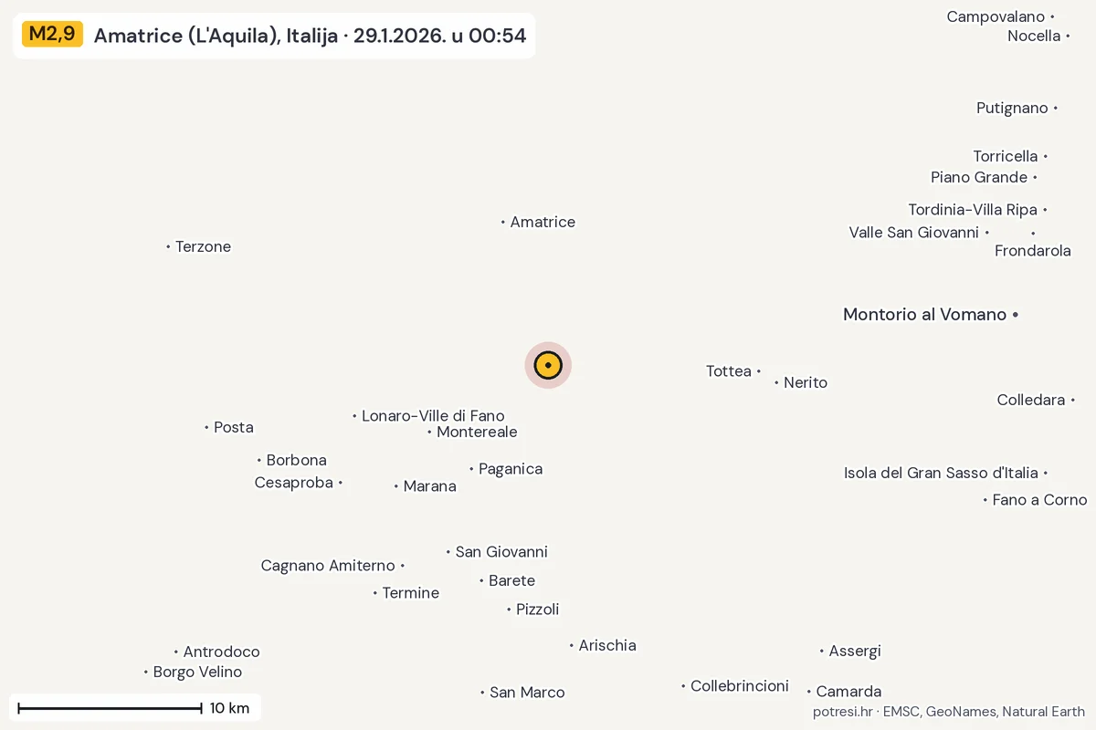 Karta: okolica epicentra, 60 km, potres M2,9, Amatrice (L'Aquila), Italija, 29.1.2026.