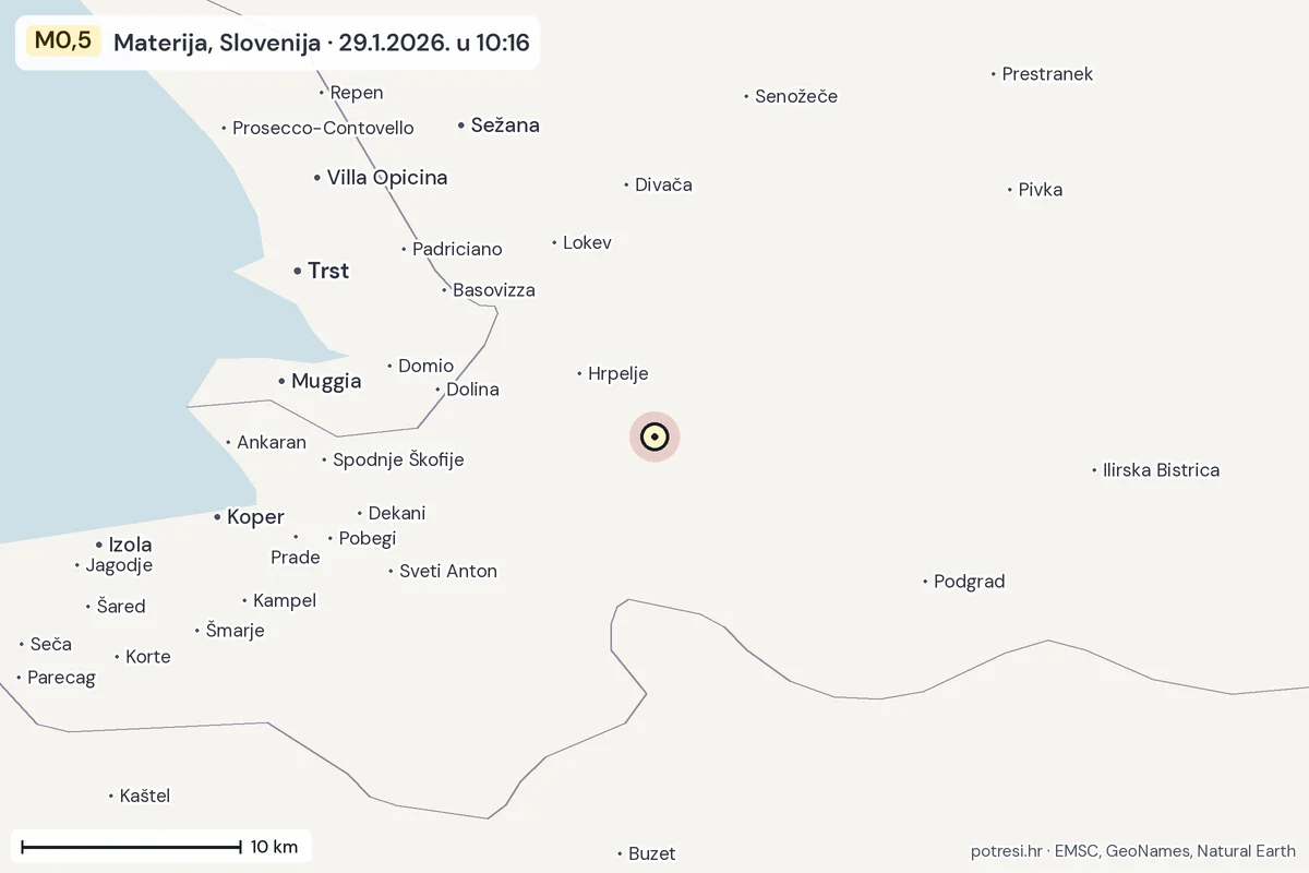 Karta: okolica epicentra, 60 km, potres M0,5, Materija, Slovenija, 29.1.2026.