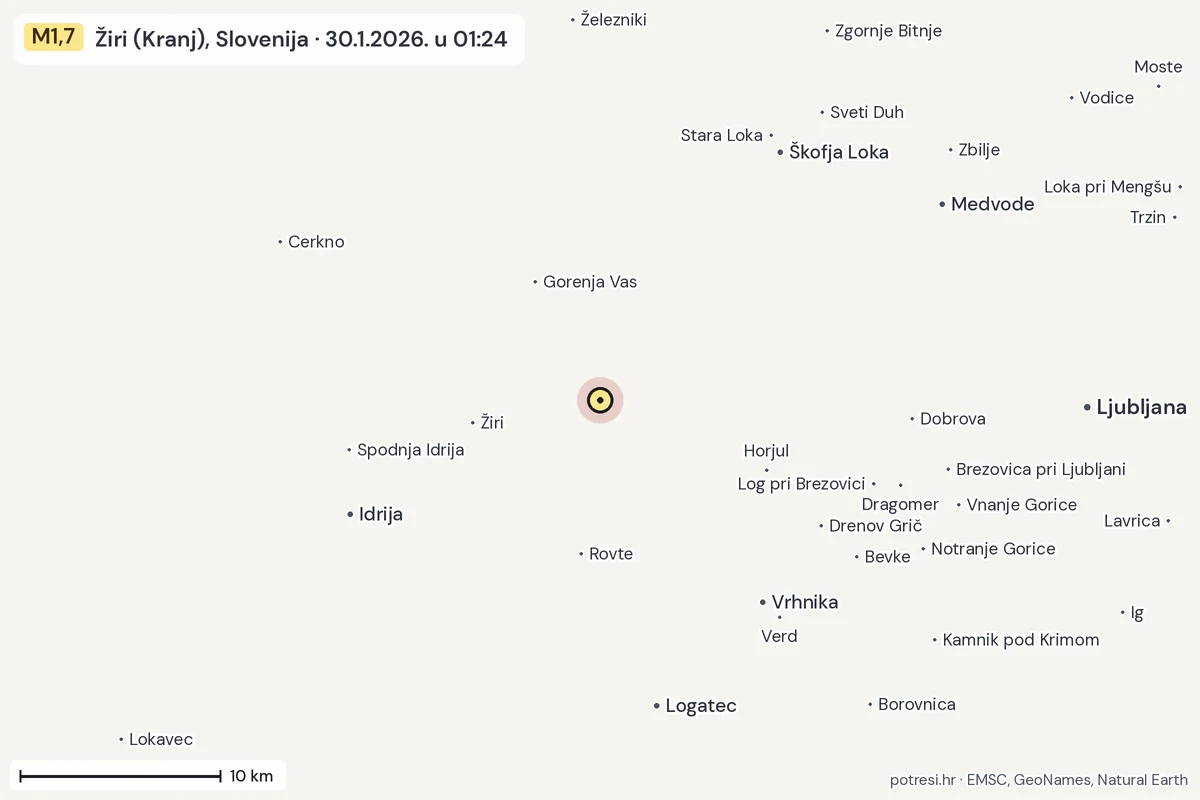Karta: okolica epicentra, 60 km, potres M1,7, Žiri (Kranj), Slovenija, 30.1.2026.