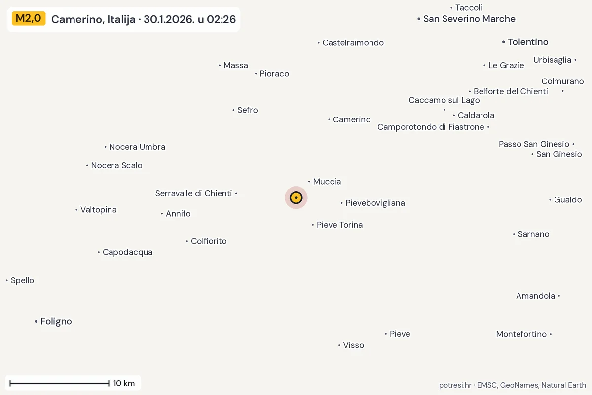Karta: okolica epicentra, 60 km, potres M2,0, Camerino, Italija, 30.1.2026.