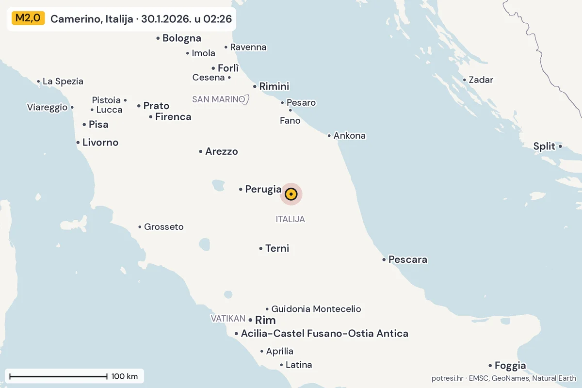Karta: šire područje, 600 km, potres M2,0, Camerino, Italija, 30.1.2026.
