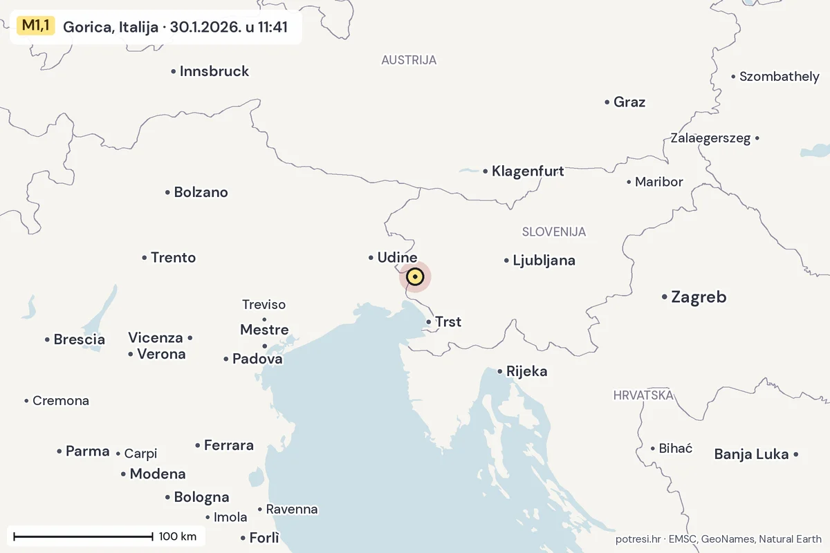 Karta: šire područje, 600 km, potres M1,1, Gorica, Italija, 30.1.2026.