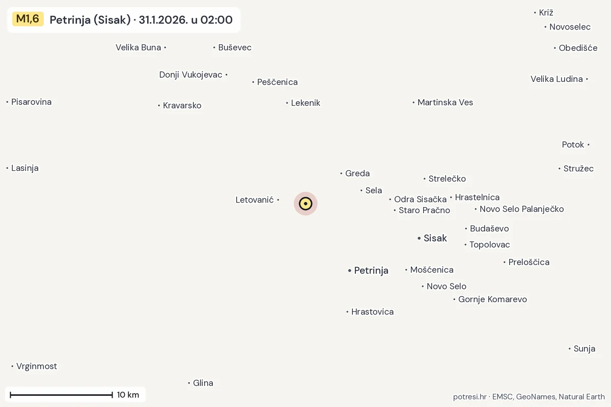 Karta: okolica epicentra, 60 km, potres M1,6, Petrinja (Sisak), 31.1.2026.
