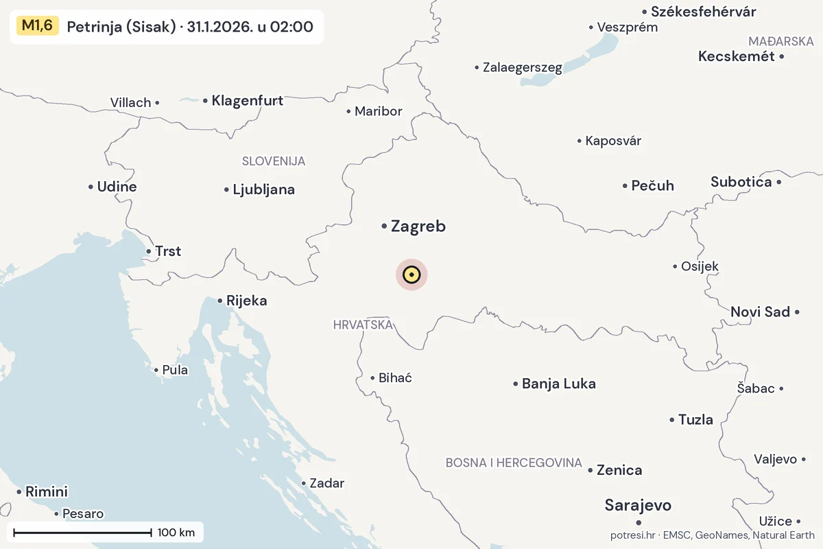 Karta: šire područje, 600 km, potres M1,6, Petrinja (Sisak), 31.1.2026.