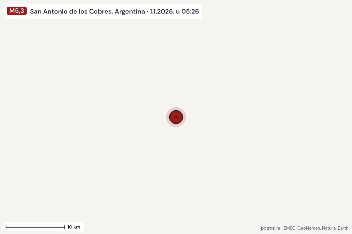 Karta: okolica epicentra, 60 km, potres M5,3, San Antonio de los Cobres, Argentina, 1.1.2026.