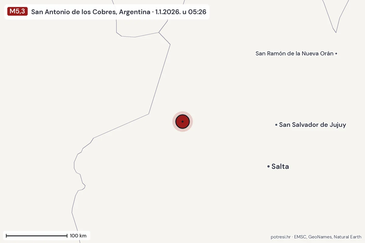 Karta: šire područje, 600 km, potres M5,3, San Antonio de los Cobres, Argentina, 1.1.2026.