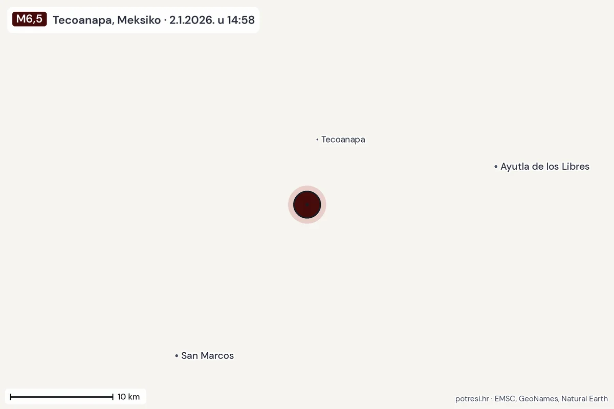 Karta: okolica epicentra, 60 km, potres M6,5, Tecoanapa, Meksiko, 2.1.2026.